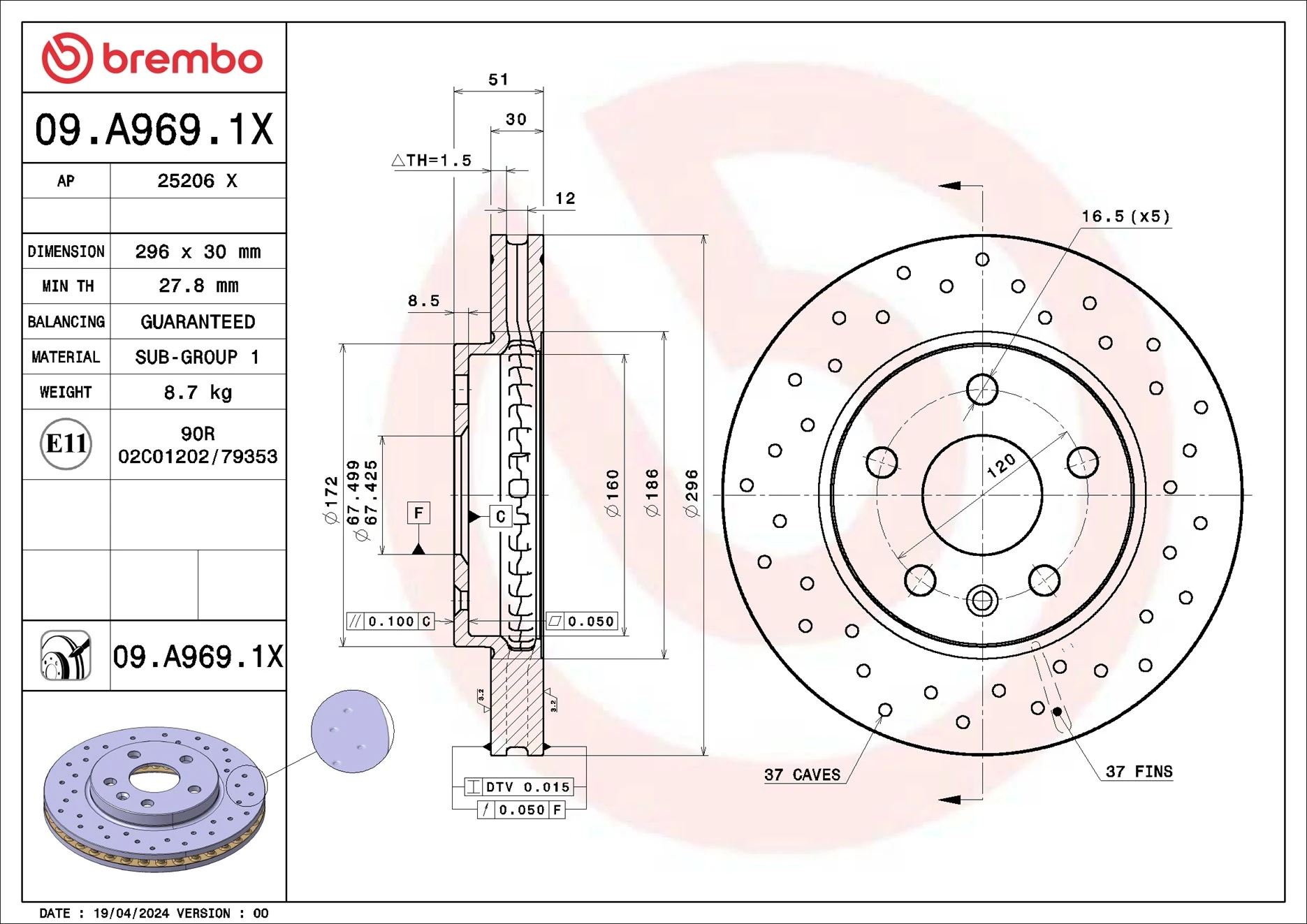 Brake Disc XTRA LINE - Xtra 09.A969.1X